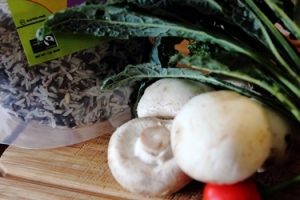 Raw ingredients: Thai purple rice, Tuscan kale, buttom mushrooms, round chilli